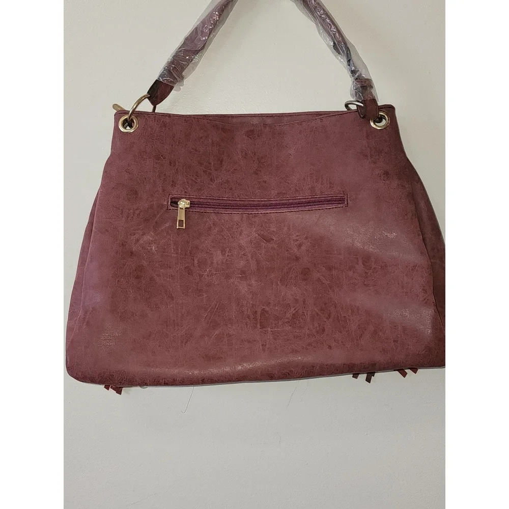 Mellow World NWOT Amethyst Faux Leather Woven Fringe Hobo Bag Burgundy Boho